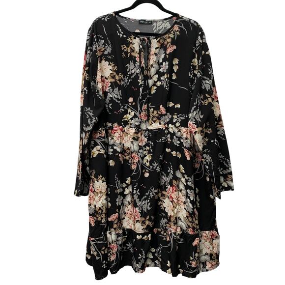Shein Curve Womens 3X Black Tie Front Flowy Flower Dress Long Sleeves Silky - Picture 1 of 7